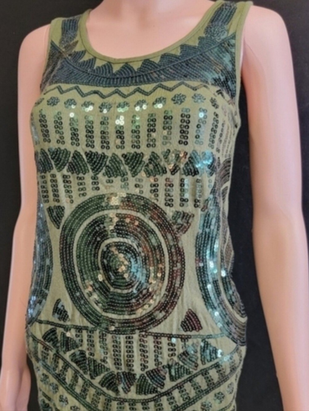verty Olive Green Sequin Tank Top with Teal Accents
